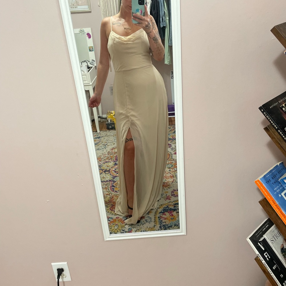 Kennedy Blue bridesmaid dress in Champagne. Style is Felicity.